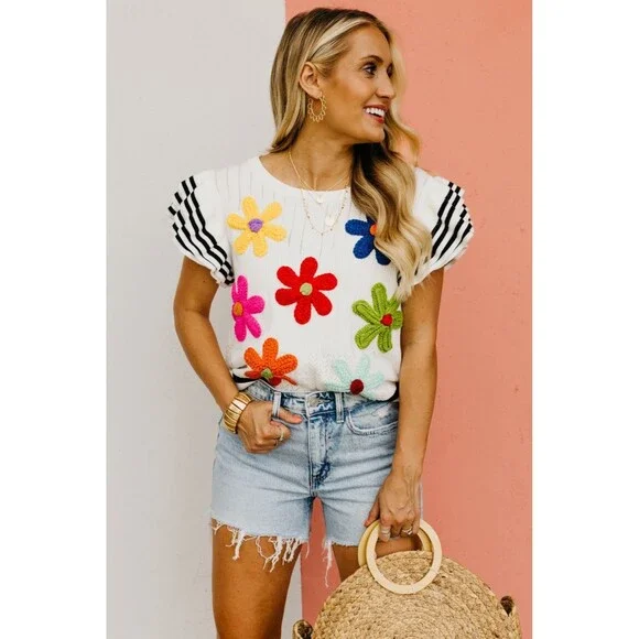 BiBi Floral Embroidered Blouse with Striped Sleeves - Picture 2 of 15